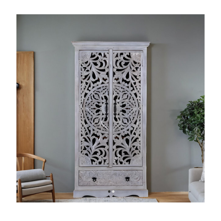 Indian Jaali Hand Carved Solid Wooden Cupboard Wardrobe D89