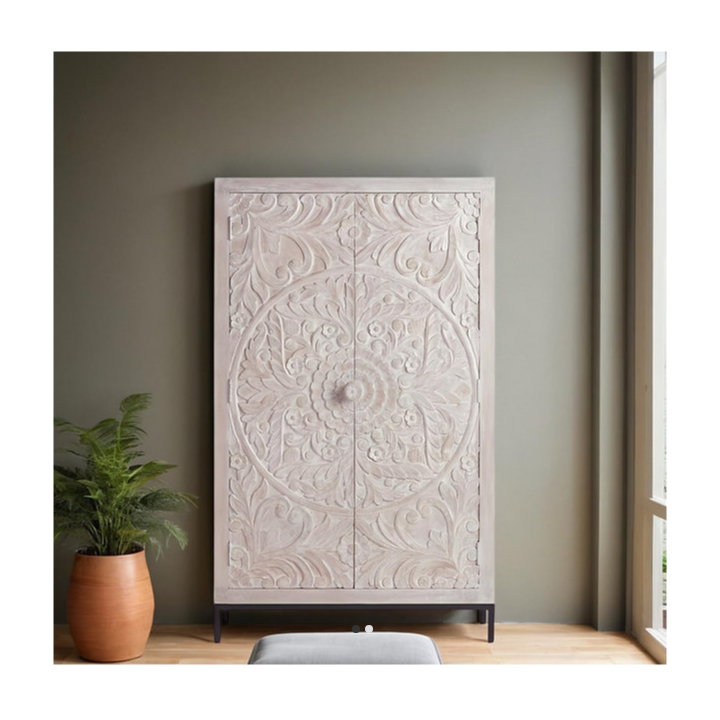 Indian Hand Carved Solid Wooden Cupboard Wardrobe D90