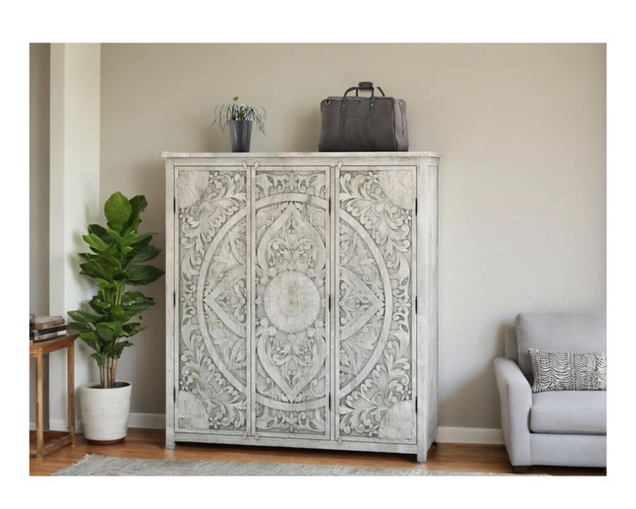 Indian Mandala Hand Carved Solid Wooden Cupboard Wardrobe D91