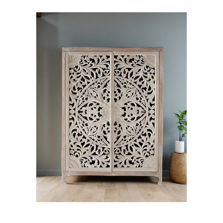Indian Hand Carved Solid Wooden Cupboard Wardrobe D93