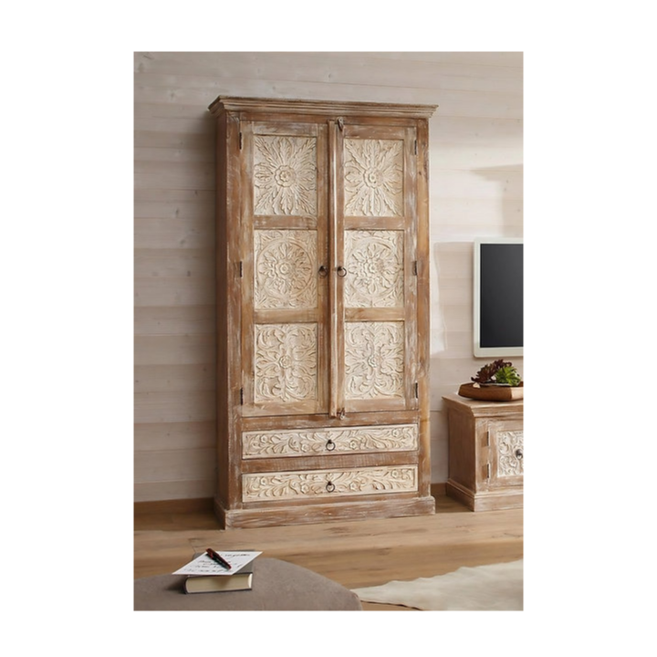 Indian Hand Carved Solid Wooden Cupboard Wardrobe D99