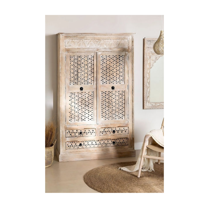 Indian Jaali Hand Carved Solid Wooden Cupboard Wardrobe D101