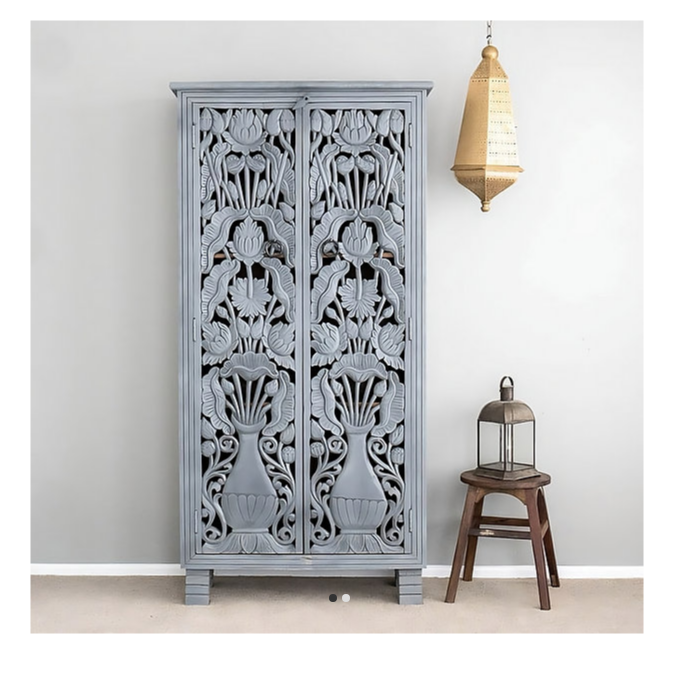 Indian Jaali Hand Carved Solid Wooden Cupboard Wardrobe D102