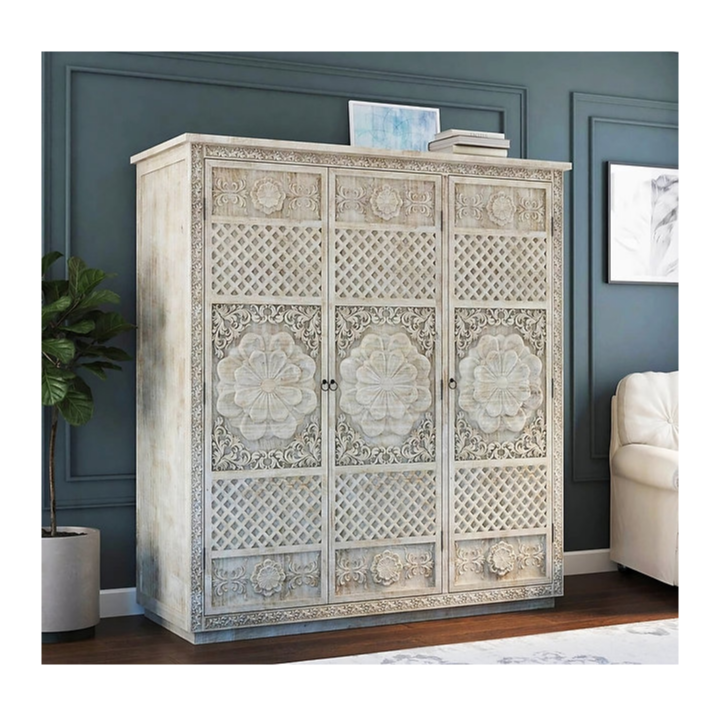 Indian Hand Carved Solid Wooden Cupboard Wardrobe D104