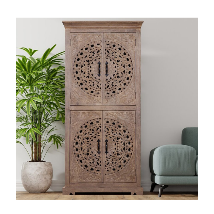 Indian Hand Carved Solid Wooden Cupboard Wardrobe D106