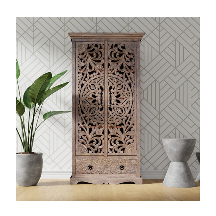 Indian Jaali Hand Carved Solid Wooden Cupboard Wardrobe D107