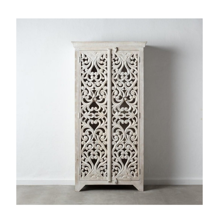 Indian Jaali Hand Carved Solid Wooden Cupboard Wardrobe D114