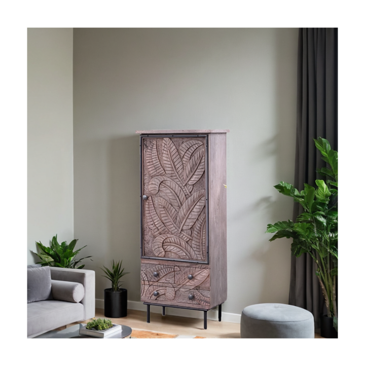 Indian Hand Carved Koel Flora Natural Wood Cabinet D73