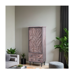 Indian Hand Carved Koel Flora Natural Wood Cabinet D73