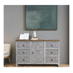 Indian Mandala Hand Carved Solid Wood Chest of Drawers D32