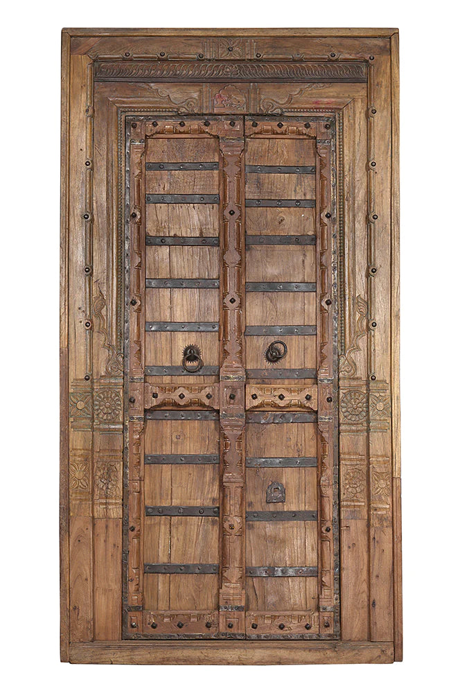 OLD INDIAN TEAK WOOD DOOR WITH BRASS ACCENTS