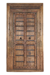 OLD INDIAN TEAK WOOD DOOR WITH BRASS ACCENTS