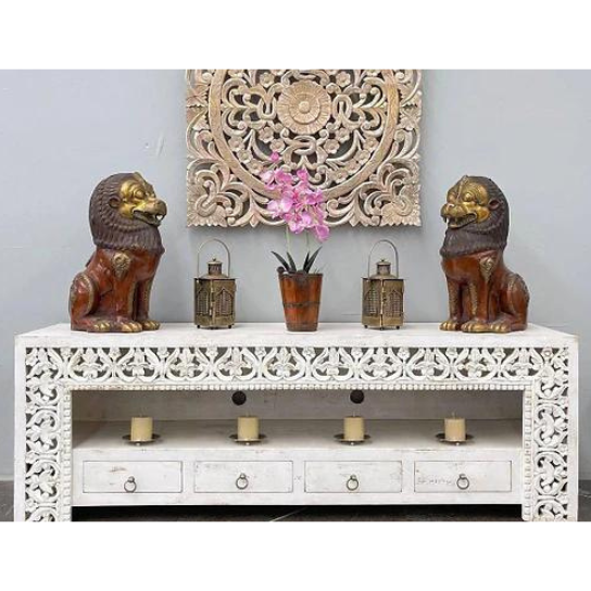 Carved Oasis Hand Carved Solid Mango Wood Mehrab Style TV Unit With 4 Drawers