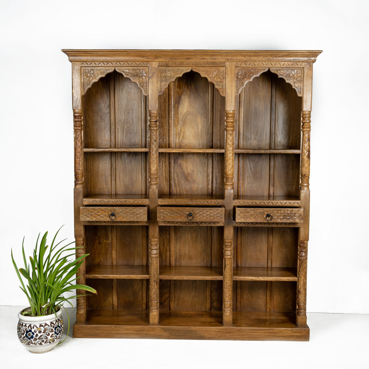 Rajasthan Handcarved Indian Furniture Wooden Vintage Arch Bookshelf