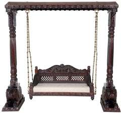 Handmade Indian Furniture Carved Teak Wood Jhula Swing in Dark Brown