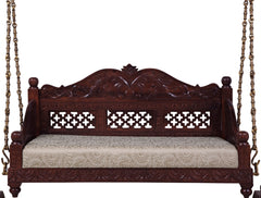 Handmade Indian Furniture Carved Teak Wood Jhula Swing in Dark Brown