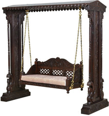 Handmade Indian Furniture Carved Teak Wood Jhula Swing in Dark Brown