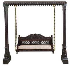 Handmade Indian Furniture Carved Teak Wood Jhula Swing in Dark Brown