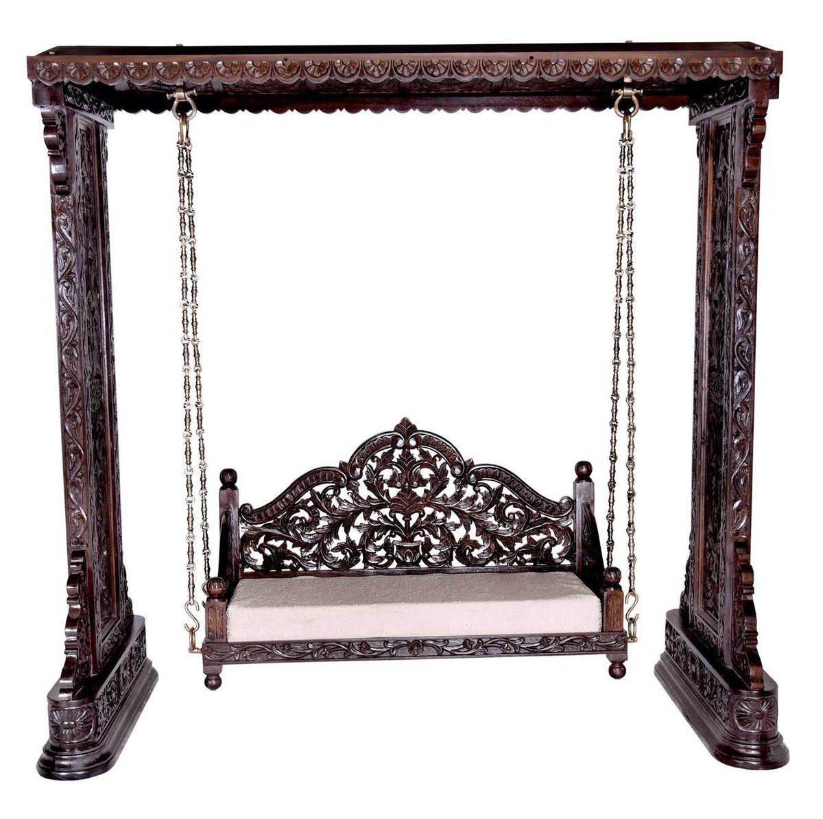 Handmade Indian Furniture Carved Teak Wood Jhula Swing in Dark Brown