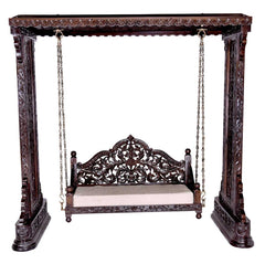 Handmade Indian Furniture Carved Teak Wood Jhula Swing in Dark Brown