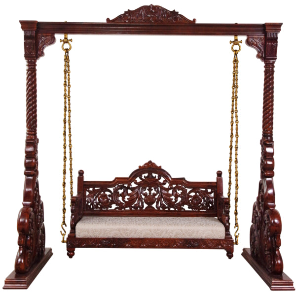 Handmade Indian Furniture Peacock Carving Teak Wood Jhula Swing Dark Brown