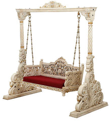 Handmade Indian Furniture Peacock Carving Solid Mango Wood Jhula Swing in White