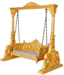 Handmade Indian Furniture Peacock Carving Solid Mango Wood Jhula Swing in Gold Finish