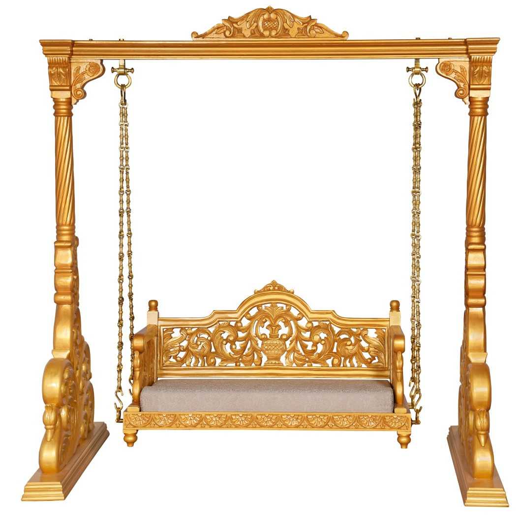 Handmade Indian Furniture Peacock Carving Solid Mango Wood Jhula Swing in Gold Finish