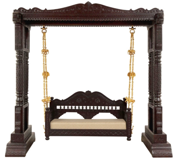 Handmade Indian Furniture Carved Teak Wood Jhula Swing in Dark Brown