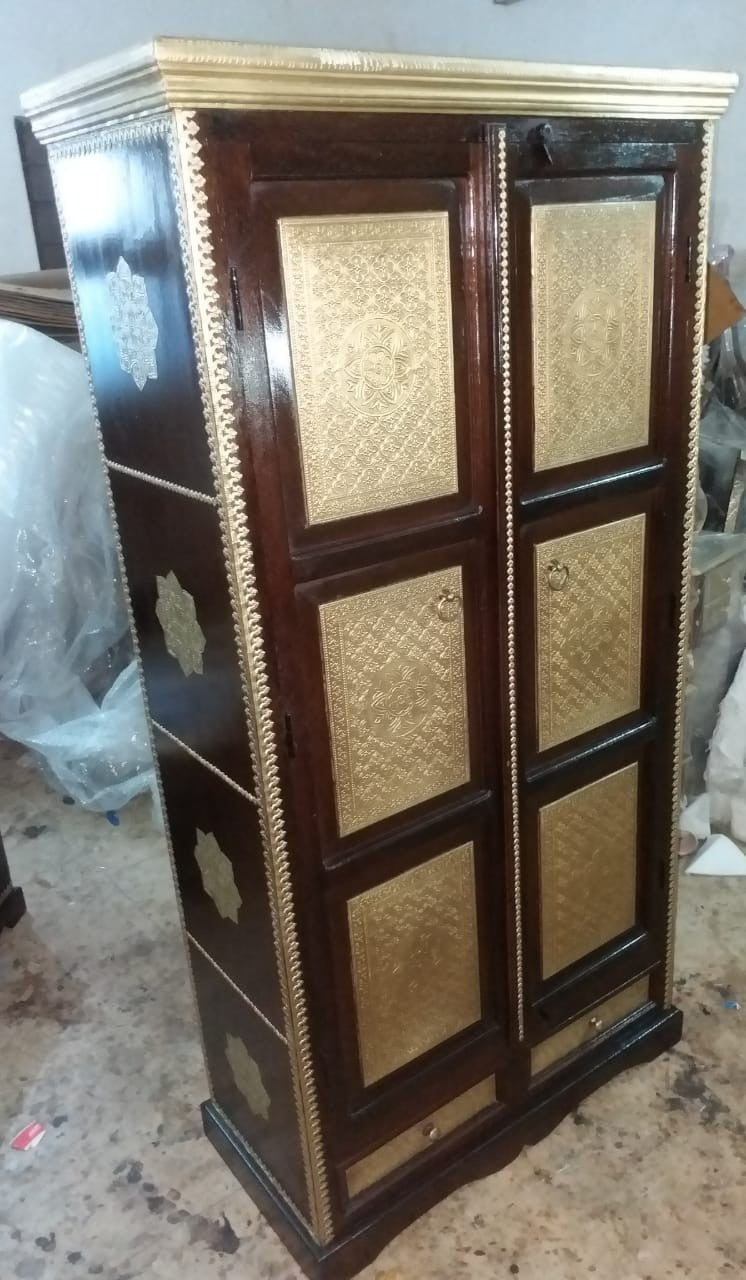 Embossed Brass Work Indian Furniture Wooden Wardrobe Cabinet