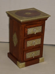 Embossed Brass Work Indian Furniture Wooden Bedside Table with Drawers