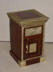 Embossed Brass Work Indian Furniture Wooden Bedside Table with Drawers