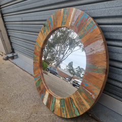 Handcrafted Floral Carved Solid Wood Indian Furniture Round Mirror Frame Multicolor