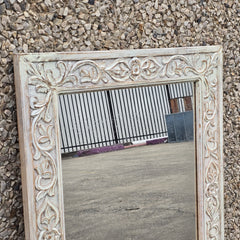 Handcrafted Floral Carved Solid Wood Indian Furniture Mirror Frame Rustic White