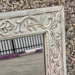 Handcrafted Floral Carved Solid Wood Indian Furniture Mirror Frame Rustic White