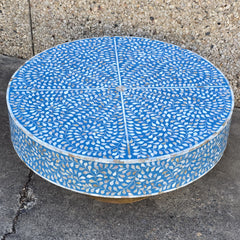 Maya Bone Inlay Indian Solid Wood Round Coffee Table Floral Pattern Blue 90x90x40 cm