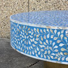 Maya Bone Inlay Indian Solid Wood Round Coffee Table Floral Pattern Blue 90x90x40 cm