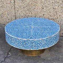 Maya Bone Inlay Indian Solid Wood Round Coffee Table Floral Pattern Blue 90x90x40 cm