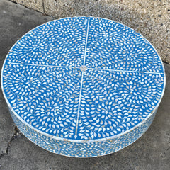 Maya Bone Inlay Indian Solid Wood Round Coffee Table Floral Pattern Blue 90x90x40 cm