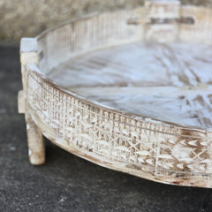 Handcrafted Carved Indian Furniture Handmade Solid Wood Chakki Grinder Coffee Table 76x76x25cm