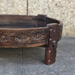 Handcrafted Carved Indian Furniture Solid Wood Chakki Grinder Coffee Table 76x76x25cm