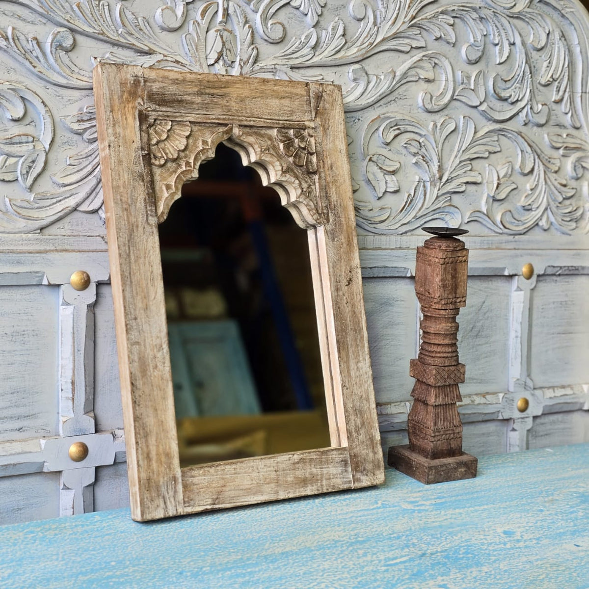 Handcrafted Floral Carved Solid Wood Indian Furniture Mirror Frame Rustic Natural 05