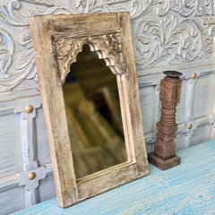 Handcrafted Floral Carved Solid Wood Indian Furniture Mirror Frame Rustic Natural 05