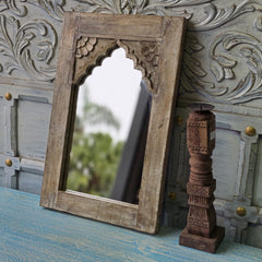 Handcrafted Floral Carved Solid Wood Indian Furniture Mirror Frame Rustic Natural 05