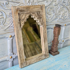 Handcrafted Floral Carved Solid Wood Indian Furniture Mirror Frame Rustic Natural 05