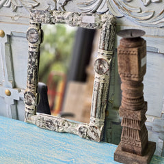 Handcrafted Carved Solid Wood Indian Furniture Mirror Frame Rustic White 06