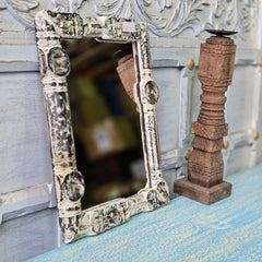 Handcrafted Carved Solid Wood Indian Furniture Mirror Frame Rustic White 06