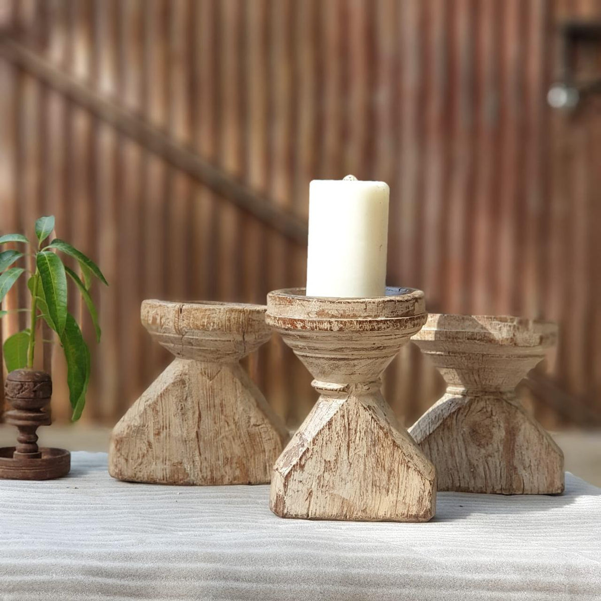 Indian Wooden Seed Candle Holders Stands (Set of 3) 04