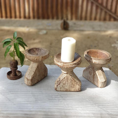 Indian Wooden Seed Candle Holders Stands (Set of 3) 04