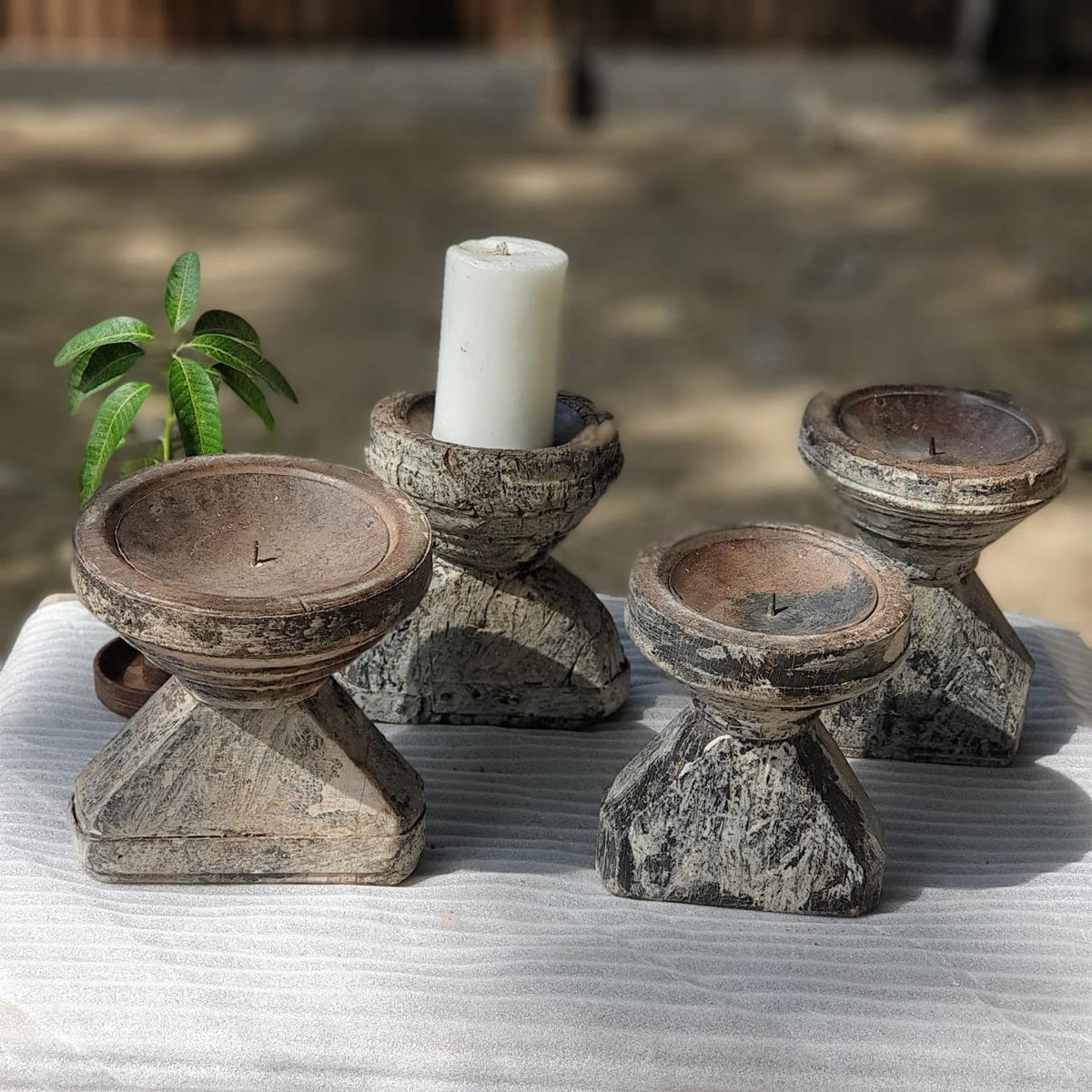 Indian Wooden Seed Candle Holders Stands (Set of 4) 02